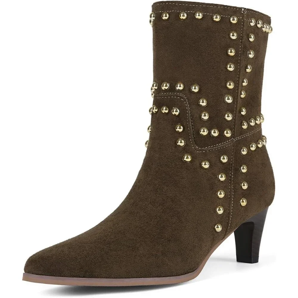 Women's Brown Ankle Boots Pointed Toe Low Kitten Heel Slip On Rivet Booties